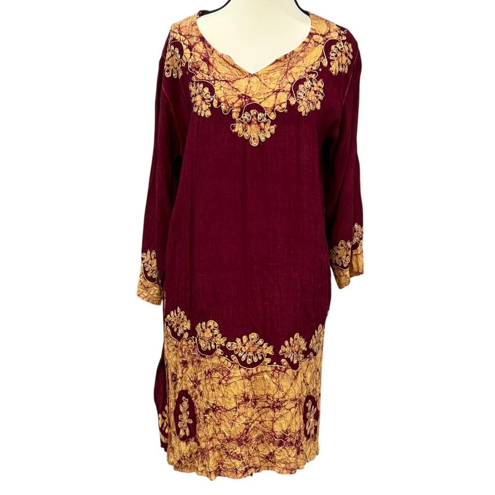 Indian Embroidered Batik Boho Tunic Dress Women's L Burgundy Sequin Viscose Rina